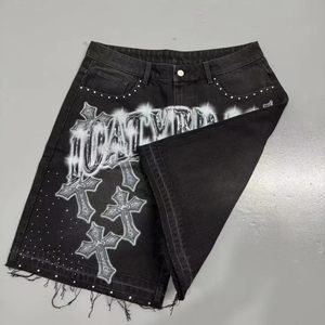 Shorts de mezclilla oversize 100% algodón con efecto rasgado, shorts con pedrería Sun Stone Spray Monkey, shorts deportivos ajustados con flecos estampados para hombre - Product Image 3