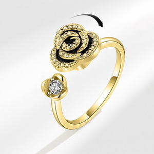 Minimalist Copper Gold Plated Black Rose Flower Rotating <b>Spinner</b> Relief Fidget Anxiety <b>Ring</b> Micro Insert Zircon For Women - Product Image 2