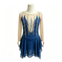 Robe de danse patinage bleu foncé avec maille nude, manches longues, strass argentés et motif en V pour enfants et adultes, idéale pour la compétition et les spectacles