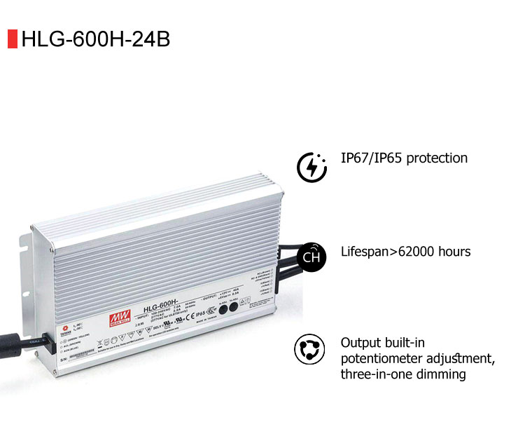MEAN WELL HLG-600H-24B LED Driver - 600W, 24V, 25A Efficiency