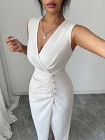 Robe de soirée midi blanche en satin, sans manches, col en V, froncée, fendue, pour femme, modèle 2026, personnalisable en usine (ODM/OEM)