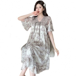 chinese dress ladies Yaoting luxury midnight cross-border new ice silk pajamas women's spring  and summer sexy backless long nightdress CQ22153