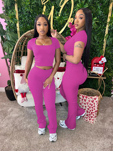 2024 Offre Spéciale printemps couleur unie deux pièces pantalon ensemble été femmes ensemble à manches courtes haut court + taille haute pantalon ensemble - Product Image 5