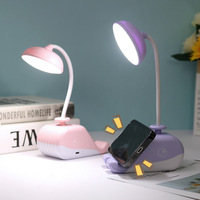 Lampe de bureau USB rechargeable en forme de baleine pour étudiants avec support de téléphone portable et veilleuse, abat-jour en plastique, autonomie de 1 heure