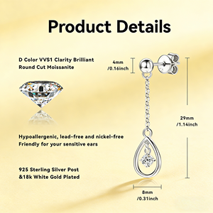 14K Gold Plated 925 Sterling Silver Tassel Stud Dangle Drop Earrings with 3mm Round Cut VVS <strong>Moissanite</strong> Women's Luxury Jewelry - Product Image 2