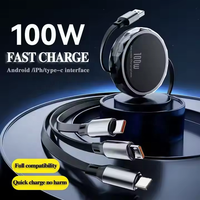 Cable de Datos USB Tipo-C Retráctil de Carga Rápida 3 en 1 de 100W con Soporte para Teléfono, Material TPE, Pequeño Regalo para Computadoras, con Logotipo Personalizado