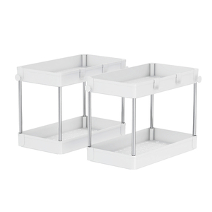 2 Packs Under Sink Organizer 2 Tier Under Sliding Cabinet Basket Organizer Drawer with Hooks Storage Under Cabinet Storage