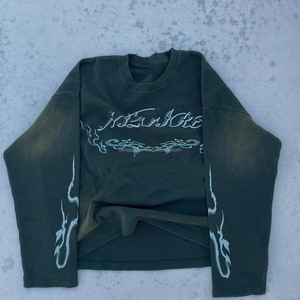 T-shirts décontractés surdimensionnés à impression numérique personnalisée, t-shirt en tricot gaufré vert foncé vintage à manches longues pour hommes - Product Image 1