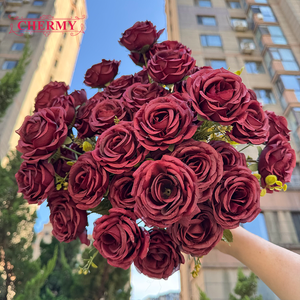DC206 Chermy Bouquet di 9 Rose Artificiali Bianche e Bordeaux, Rose Finte per Bouquet da Sposa, Decorazione Floreale per Casa - Product Image 5