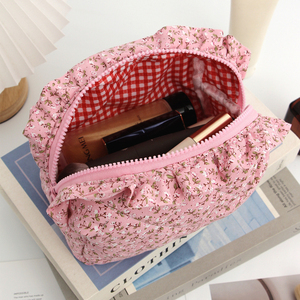 Custom Print Bow Zipper for Floral Cotton Women's Cute Travel Makeup <b>Storage</b> for <b>Bag</b> Ruffle <b>Quilted</b> Pouch - Product Image 2
