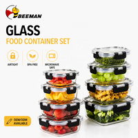 BEEMAN 玻璃食品储存容器套装，带硅胶盖，密封防漏，可微波加热，适合备餐午餐盒，OEM定制徽标