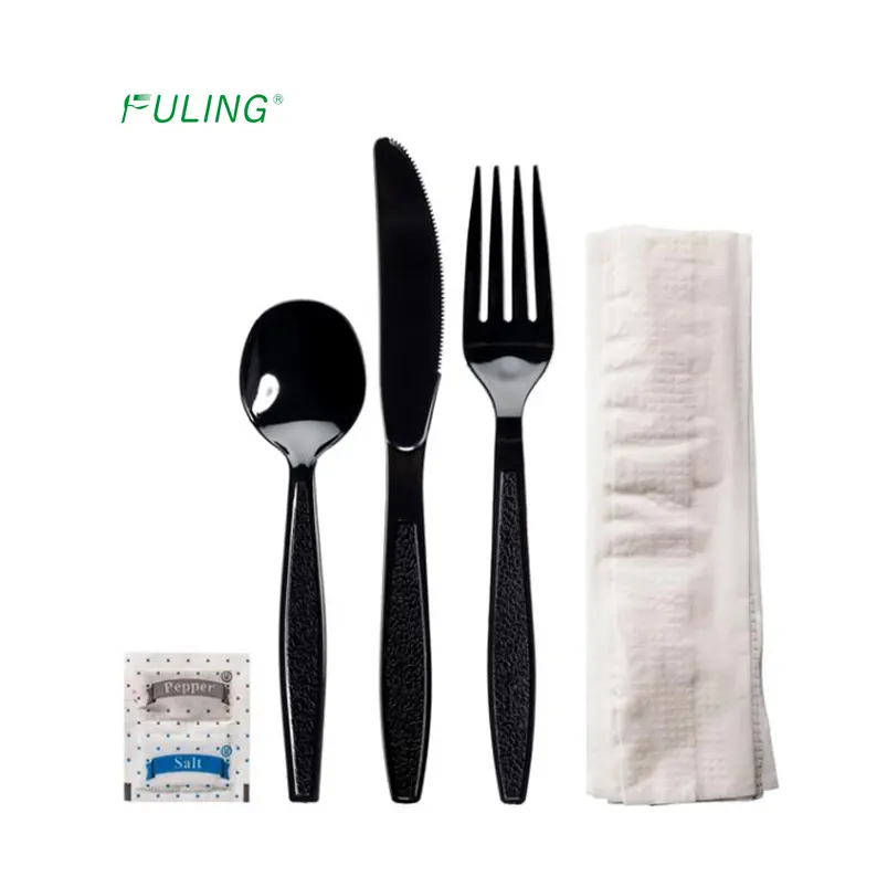 heavy weight plastic disposable plane cutlery flatware kits knife fork spoon napkin utensils black cutlery set