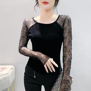 Chic maille paillettes col en v Patchwork manches longues Slim Fit minceur T-shirt femme influenceur en ligne T-shirt petite chemise en Stock S - Product Image 2