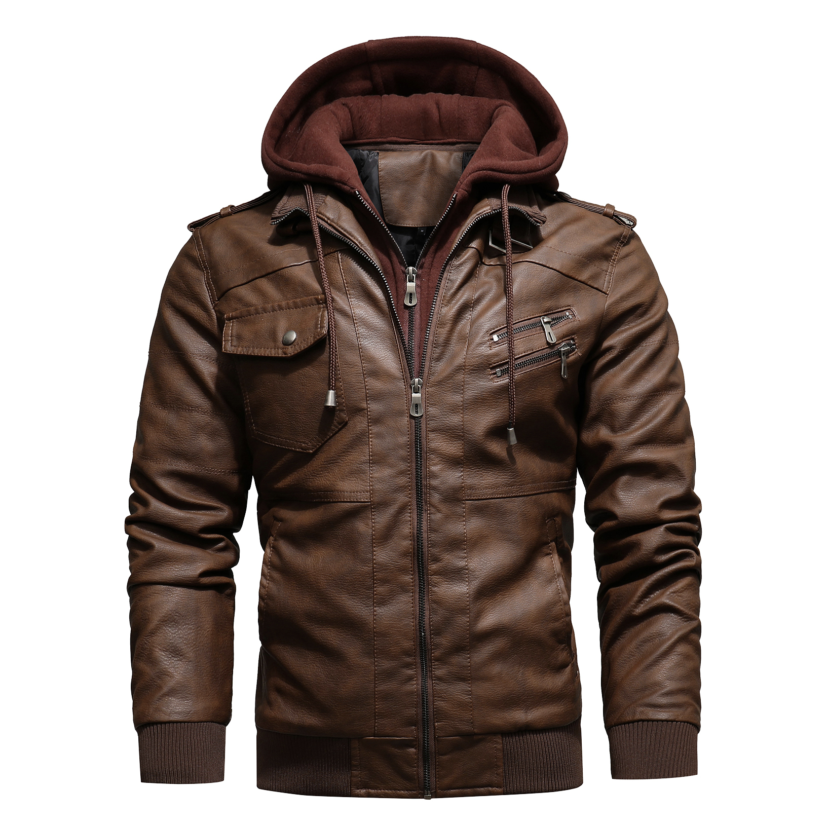 Wholesale Fashion Autumn Casual Racer Motorcycle Hooded Coat With Removable Hood Coat Leather Product Men's Jackets