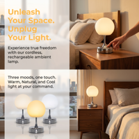 Lámpara de Mesa LED Moderna con Pantalla de Ópalo Metálico Cromado, 3 Colores, Atenuación Táctil, Inalámbrica, Recargable, para Mesita de Noche