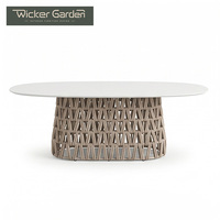 Ensemble de salle à manger d'extérieur en corde tressée, table à bords arrondis, structure en aluminium, 6 chaises de patio, mobilier de jardin pour bord de piscine