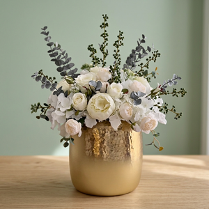 Vase à fleurs en métal martelé artisanal, finition dorée, centre de table décoratif, décoration moderne pour la maison, support pour plantes - Product Image 2