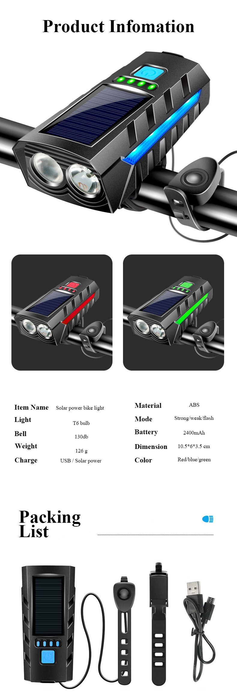 Hongdak 2400Mah Solar Bicycle Headlight with Electric Bell USB Rechargeable Waterproof 130db Bike Horn Dual Lamp Flashligght