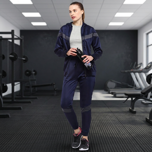 Survêtement pour femme bleu marine à blocs de couleur, fermeture éclair intégrale, à capuche, style sportif décontracté, coupe régulière, en polyester, avec poches latérales, pour l'automne - Product Image 3