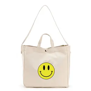 China Supplier with Snap Button Closure Smile Tote Bag Shoulder Natural Cotton Fabric Beach Trips Large Canvas Women'S Tote Bag