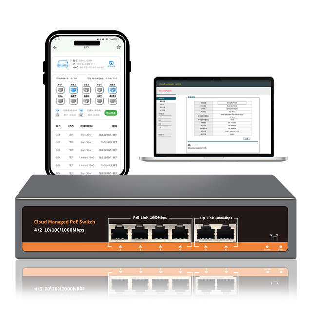 Cloud Managed 4-Port Full Gigabit 75W PoE Network Switch with 10/100/1000Mbps RJ45 Uplink Supporting VLAN and QoS DC52V Input