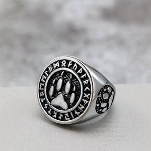 แหวนผู้ชายสไตล์นอร์ดิกเรโทรสแตนเลสสตีล พร้อมลายรูนไวกิ้งและลายอุ้งเท้าสัตว์ สไตล์ฮิปฮอป ของขวัญเครื่องประดับ - Product Image 2