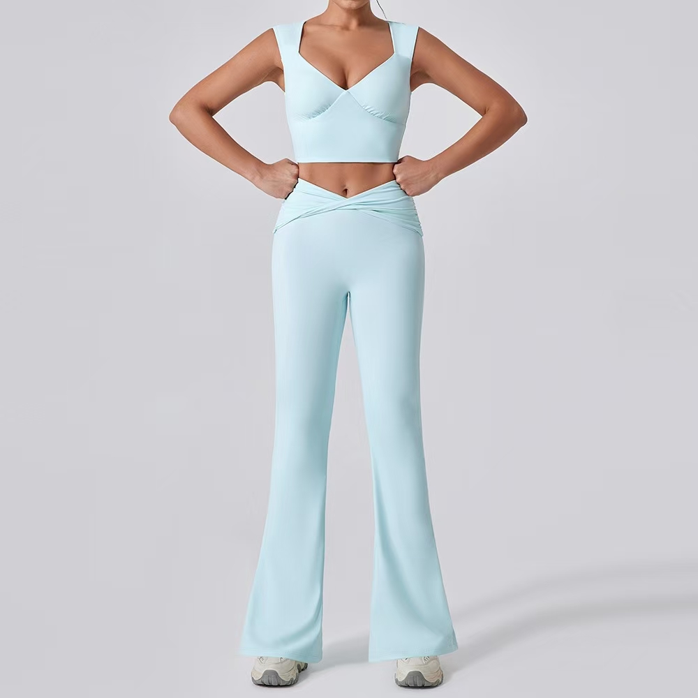 Custom Logo Lady Flare Pants High Waist Wide Leg Yoga Set Breathable Sports Suit