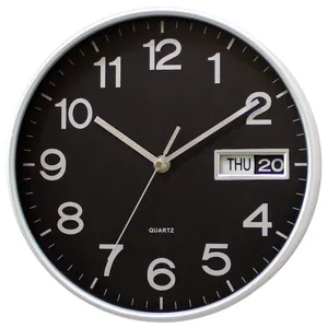 Modern Luxury Metallic Silver Classic Calendar Plastic Round Wall Clock Day And Date For Living Room