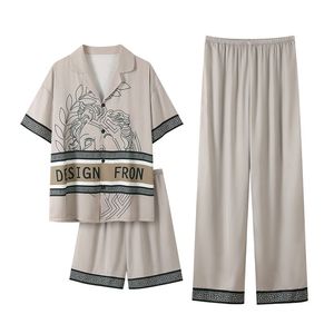 <span class=keywords><strong>Pyjama</strong></span> d'été pour hommes en soie de glace à manches courtes Impression de lettres Mode chemise à revers Mode <span class=keywords><strong>pyjama</strong></span> confortable Home Wear <span class=keywords><strong>Pyjama</strong></span> 3 pièces - Product Image 1