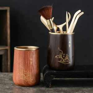 Ebony Solid Wood <b>Tea</b> <b>Set</b> Six Gentlemen Kung Fu <b>Tea</b> Utensils Gold Handle <b>Tea</b> Spoon Knife Tongs Brewing Tools Cylinder Shape - Product Image 1