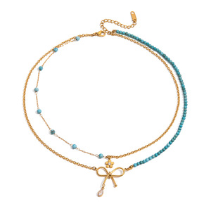 Collier pendentif en acier inoxydable avec perles turquoise bleues, design nœud papillon, bijoux cadeau - Product Image 5