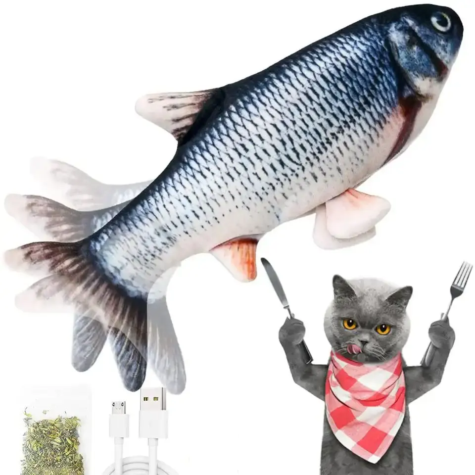 Mainan ikan bergerak elektrik isi daya USB interaktif lucu untuk ikan boneka bergerak Flopping kucing