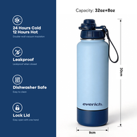 Bouteille d'eau isotherme en acier inoxydable à double paroi avec compartiment supplémentaire, personnalisable avec logo, très populaire chez Everich