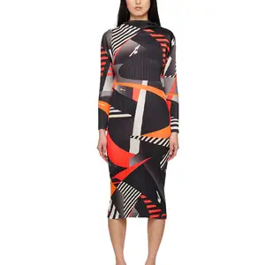 mock neck graphic pattern printed pleat midi dresses miyake pleated polyester long sleeve jersey dress