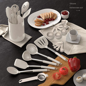 Ensemble d'ustensiles de cuisine en silicone blanc avec manche en acier inoxydable, spatule, cuillère, fouet, outils de cuisson et de pâtisserie avec support de rangement - Product Image 3