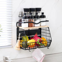 Panier de rangement magnétique en maille métallique en gros, organisateur mural multifonctionnel, étagère de rangement pour fruits avec dessus en bois