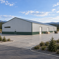 Entrepôt en acier robuste pour le bois et les matériaux de construction avec portes à large ouverture et hall de stockage à portes courtes.