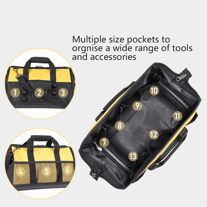Bolsa de herramientas de alta resistencia de 16 pulgadas y 13 bolsillos, resistente al agua, reparación de trabajadores de la construcción de contratistas, OEM/ODM compatible con fondo rígido - Product Image 4