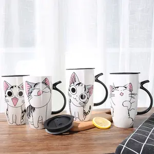 Creative 600ml Cute Cat Ceramics Coffee Mug Large Capacity Animal Mugs With Lid