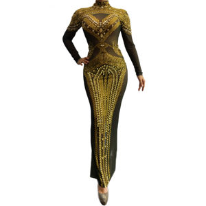 Nuovo <span class=keywords><strong>Abito</strong></span> Estivo 2022 Sexy con Diamanti Dorati, Spacco Posteriore, Halter, Maniche Lunghe, <span class=keywords><strong>Abito</strong></span> Formale per Matrimoni, Feste e Balli di Gala - Product Image 2