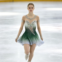 Robe de patinage artistique pour adultes et enfants, dégradé vert et blanc, maille, manches longues, chaîne de strass au dos, costume de performance et de compétition
