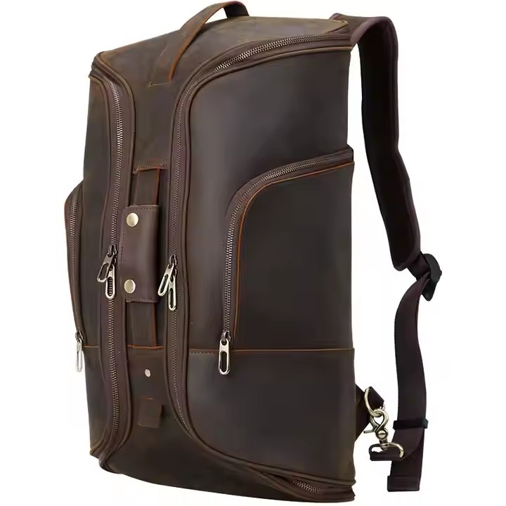 Wholesale New Arrival Brown Genuine Real Leather Weekend Travel Luggage Bags Full Grain Leather Backpack Bag Light Weight Zipper