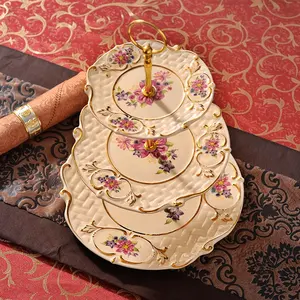 European embossed ceramic cake plate 3-layer string plate porcelain candy fruit cake tray