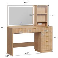 Table de maquillage minimaliste moderne avec miroir, plusieurs tiroirs et étagère ouverte, table de toilette en bois naturel pour chambre à coucher