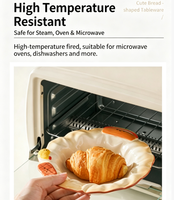 Ensemble de vaisselle en céramique ovale à thème pain, motif dessin animé mignon en relief, compatible micro-ondes, assiette à dessert/biscuits, bol à riz et cuillère