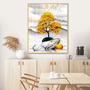 Feuilles dorées sur le lac miroir - <span class=keywords><strong>Peinture</strong></span> diamantée moderne en porcelaine cristalline dans un cadre en aluminium de qualité supérieure pour <span class=keywords><strong>d</strong></span>écoration murale - Product Image 3