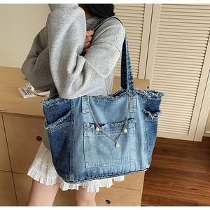 Sac fourre-tout en jean grande capacité, couleur dégradée, pour femme, résistant à l'eau et brodé, idéal pour l'été et l'automne – Offre spéciale - Product Image 2
