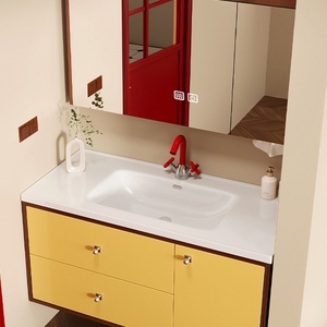 Mueble de <span class=keywords><strong>Baño</strong></span> Moderno Minimalista, Diseño Inspirado en el Estilo <span class=keywords><strong>Bauhaus</strong></span>, Espejo de Pared Incluido, Lavabo de Cerámica de una Pieza - Product Image 3