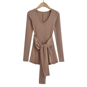 Women's Solid-Color Waist-<b>Tie</b> V-Neck Long-Sleeve Fitted Jumpsuit Fashion - Product Image 5