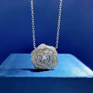 925 Sterling Silver Perfect Rose Flower Pendant CZ Cubic Zirconia Camellia Rose Necklace for Women